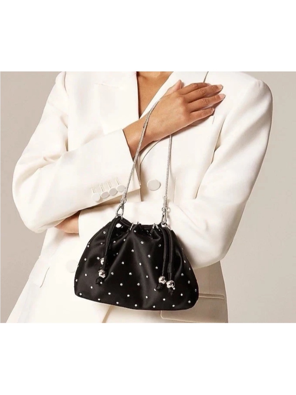 J Crew Black Drawstring Satin Pouch with Rhinestone Studs